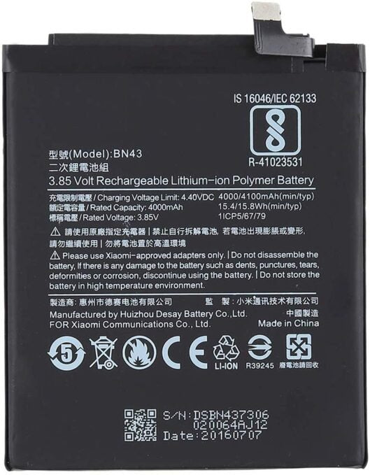 Compatible Battery For Redmi Note 4 / Mi Note 4 / BN43  Battery4000mAh Genuine Battery